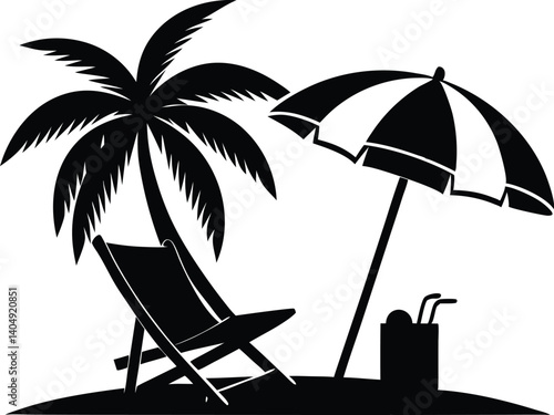 Beach umbrella and chair and palm tree silhouette vector illustration