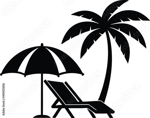 Beach umbrella and chair and palm tree silhouette vector illustration