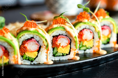 California Sushi Rolls Topped With Avocado And Caviar On A Black Plate