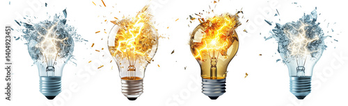 
Four light bulbs exploding with electricity on a transparent background, showcasing energy and innovation concepts. Electric energy creative idea. Spark and power concept.
