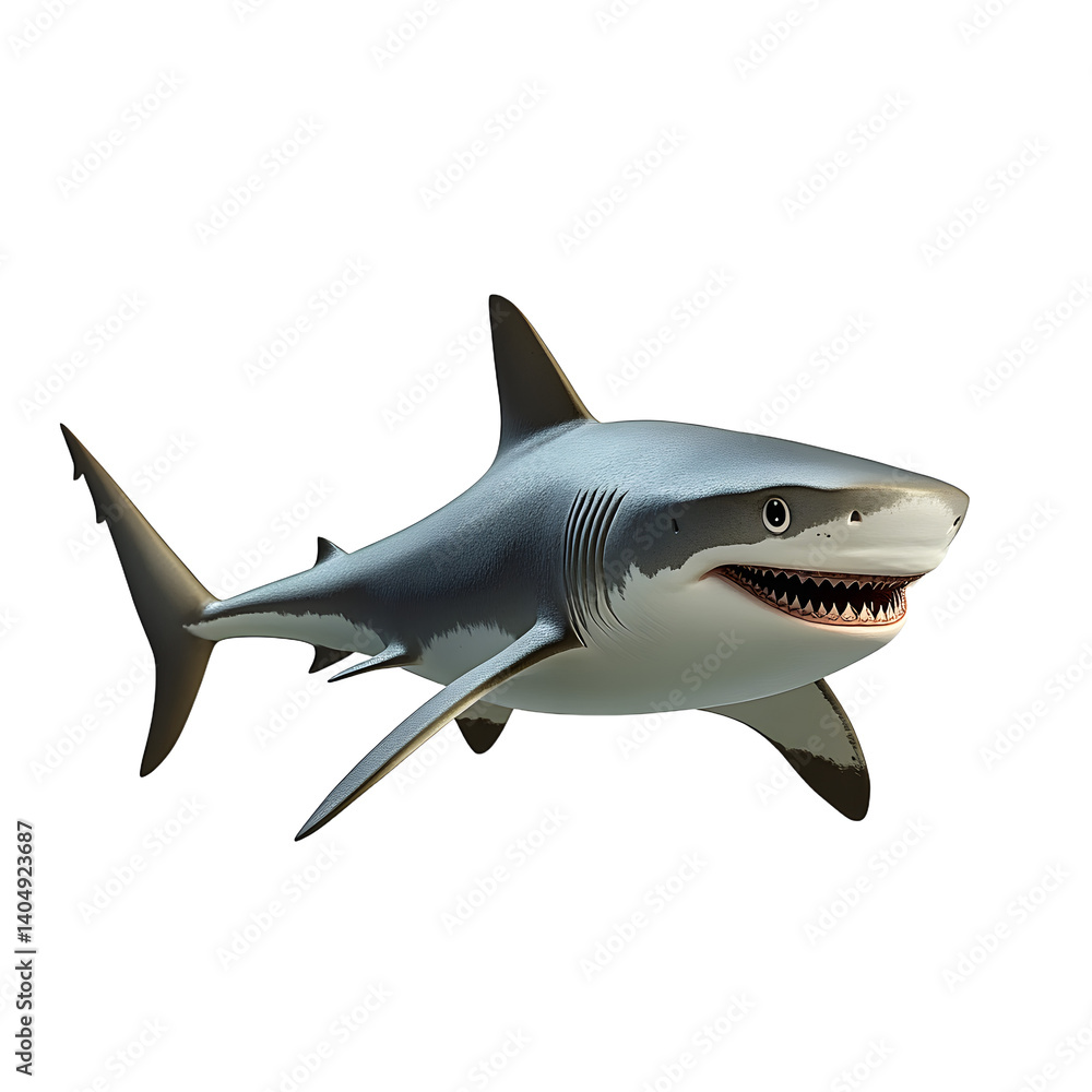 Naklejka premium A sleek, 3D-rendered gray shark with a pointed snout turns to the right against a transparent background. Its dynamic pose captures your attention. (Transparent Background)