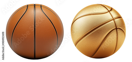 PNG set of 2 basketballs including a traditional leather ball and one made with golden pattern. Team game creative idea. Sport Competition equipment concept.