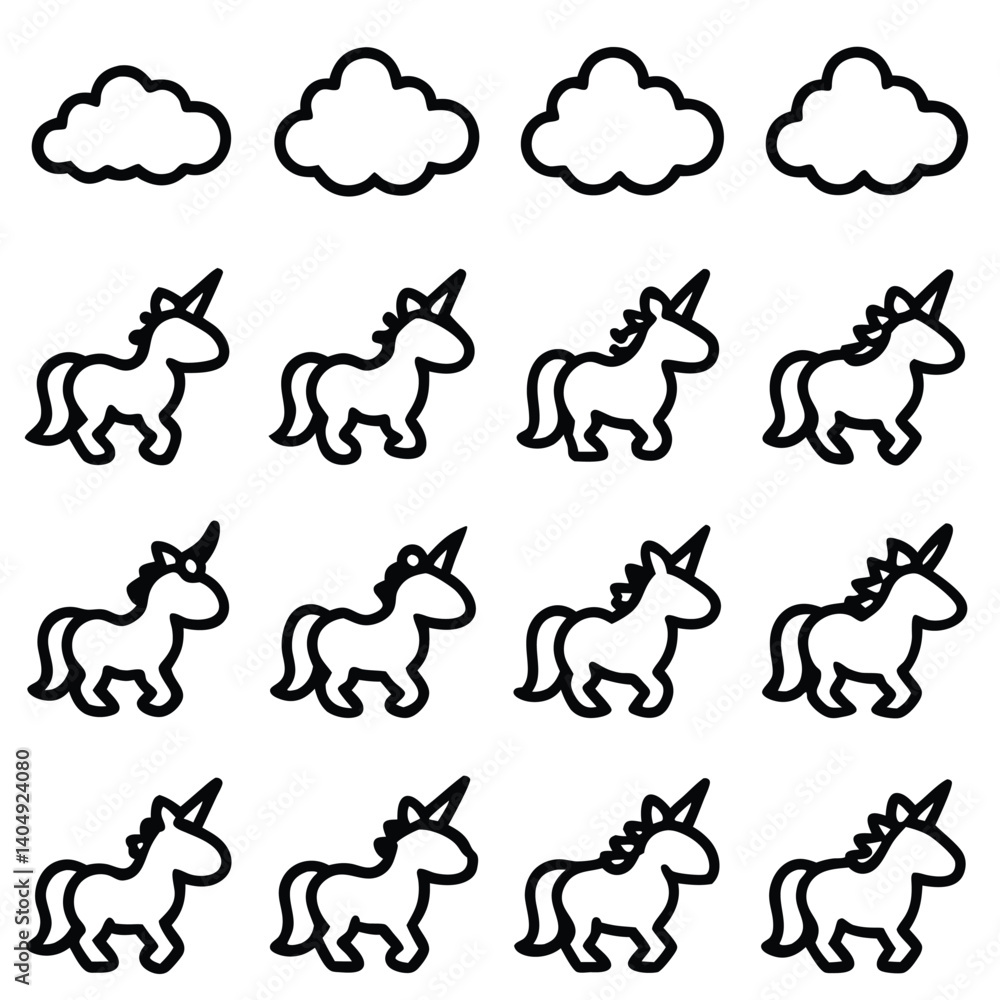 Cute cartoon vector silhouette set of farm and wild animals illustration with horse icons Cute cartoon vector silhouette set of farm and wild animals illustration with horse icons
