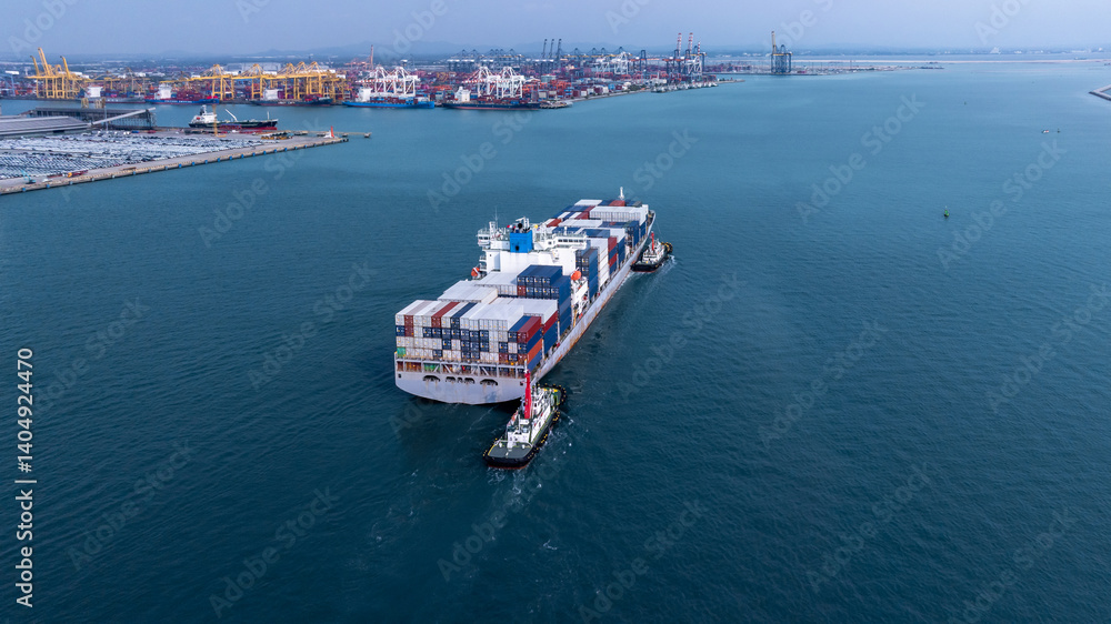 Aerial view container cargo ship at industrial port, Global business shipping logistic cargo ship by container cargo ship, International freight transport container vessel, Sea freight shipping.