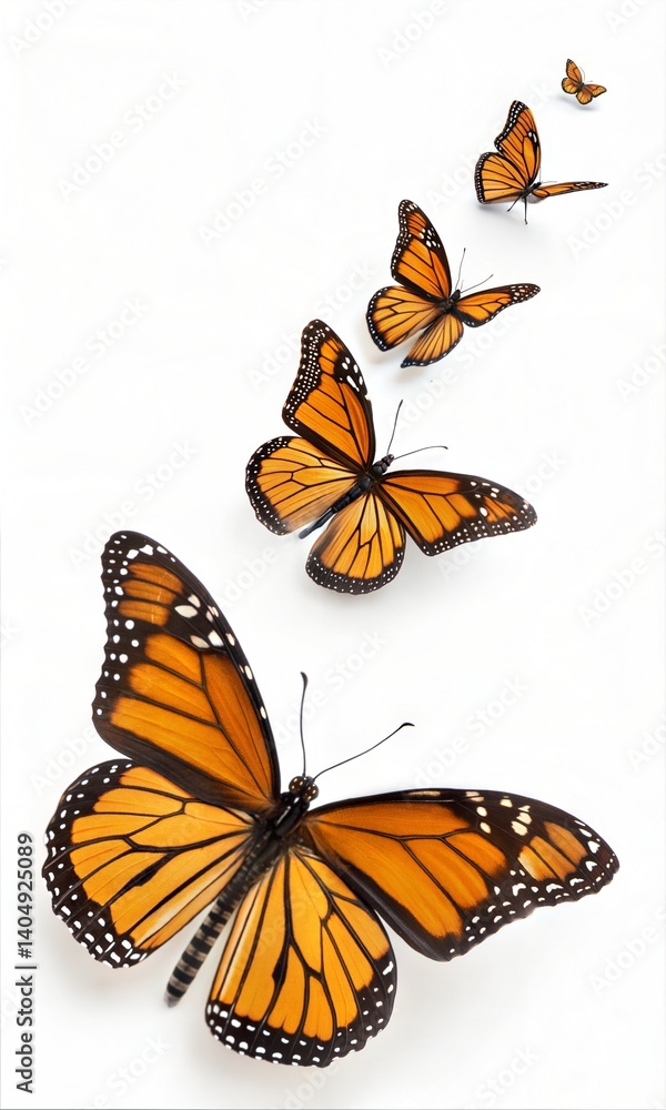 Fototapeta premium Monarch butterflies in flight on a white background. (Butterfly)