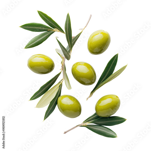 Wallpaper Mural Fresh green olives arranged with a branch on a white background showcasing natural beauty, Green olives with a branch on a white background Torontodigital.ca