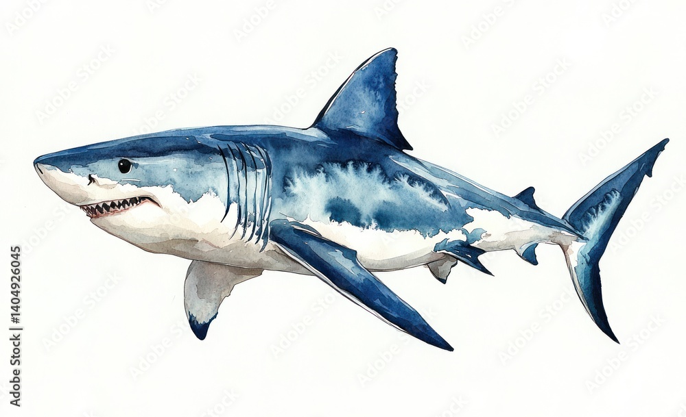 Obraz premium Realistic illustration of a great white shark showcasing vibrant colors and intricate details in a dynamic underwater pose