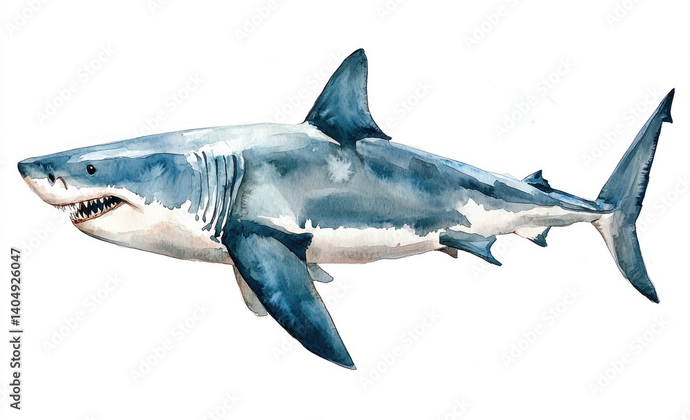 Naklejka premium Realistic Watercolor Illustration of a Great White Shark Swimming Gracefully in Ocean Waters