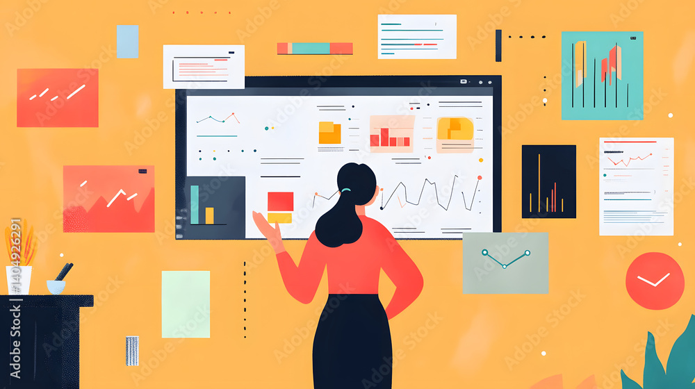Business Analytics and Insights: A woman stands confidently, examining data-driven analytics and insights, showcasing a visual narrative of data analysis. This image represents progress. Business Analytics and Insights: A woman stands confidently, examining data-driven analytics and insights, showcasing a visual narrative of data analysis. This image represents progress.