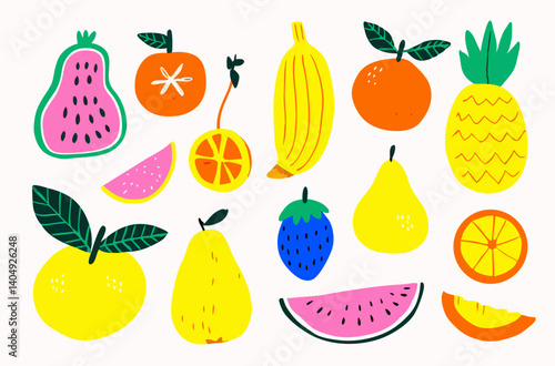 Vibrant Fruit Assortment: A lively assortment of illustrated fruits in vivid colors, perfect for conveying freshness and natural goodness, showcasing a variety of shapes and sizes.