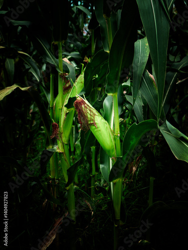 Close-up of Ripe Corn Growing on Stalks in a Lush Green Cornfield