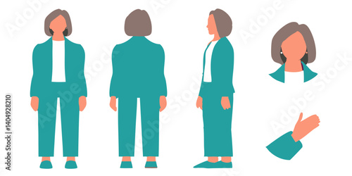 Flat Character Design – Middle-Aged Woman in Teal Business Suit for Professional Illustrations

