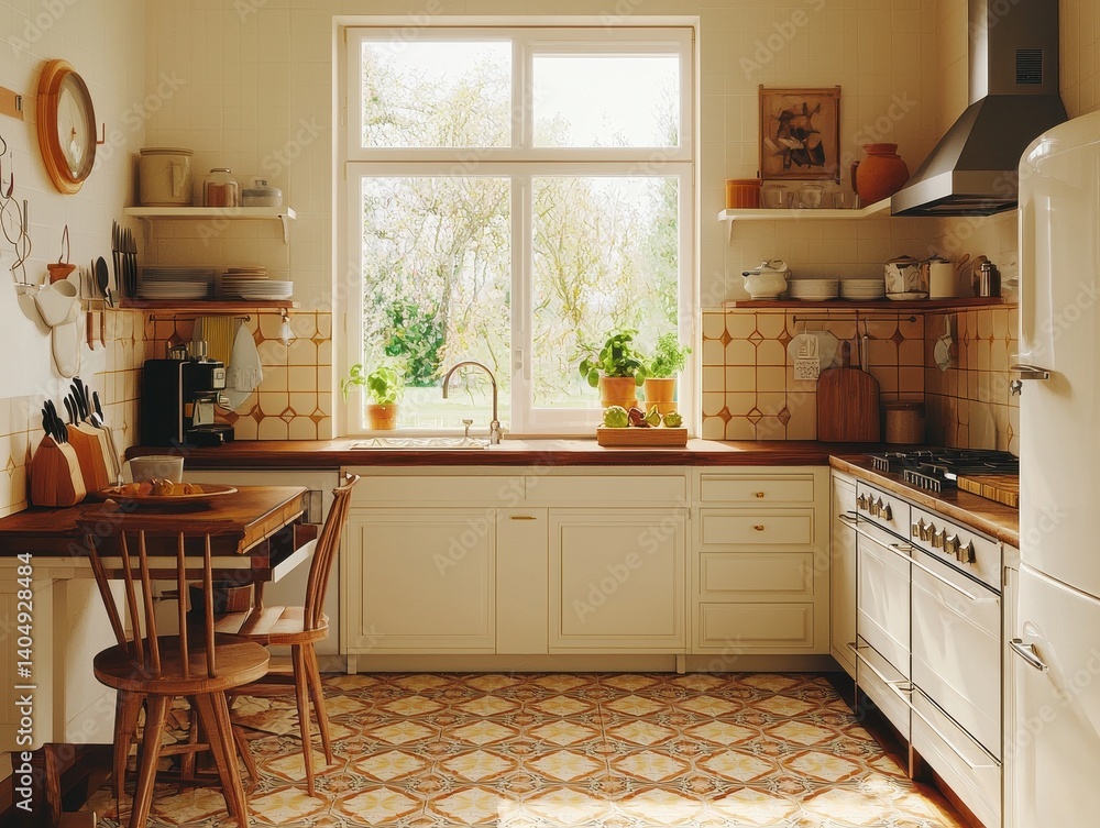 Fototapeta premium Cozy kitchen with natural light, patterned floors, vintage accents, and a view of greenery. A warm and inviting culinary space.