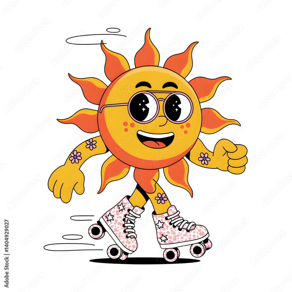 Naklejka premium Sunny Day Roller Skating: A whimsical cartoon sun, radiating joy, gracefully glides along on roller skates, its radiant expression and carefree movement conveying a sense of pure fun.