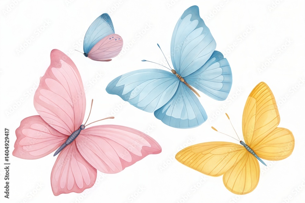 Obraz premium Set of pastel-colored butterflies, isolated on a white background. (Butterfly)