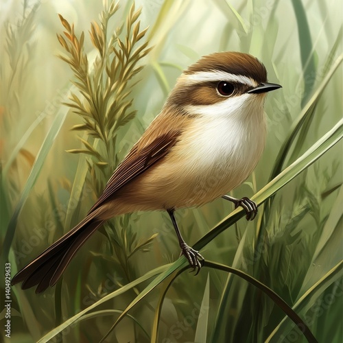 Moustached Warbler at a green lake.
