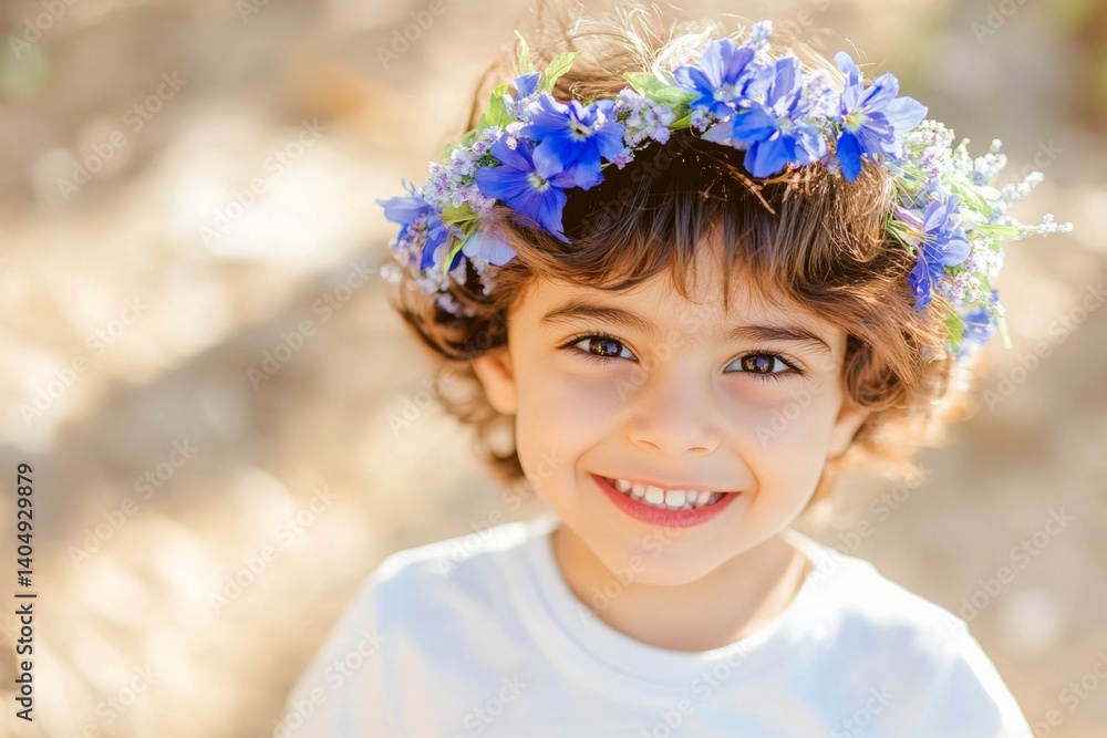 Smiling middle eastern child boy with tt hair wearing blue flower crown on his head. Morning rays. Happy sunny days holidays idea. Sunlit happiness for kids. Happy wanderer in a flower field. Smiling middle eastern child boy with tt hair wearing blue flower crown on his head. Morning rays. Happy sunny days holidays idea. Sunlit happiness for kids. Happy wanderer in a flower field.