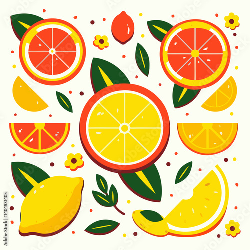 Citrus Burst: A vibrant, colorful illustration of a variety of citrus fruits, cut in halves, and in different shapes, showcasing their zesty freshness and the beauty of nature.