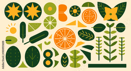 Floral Delight: A vibrant arrangement of abstract botanical elements, from radiant oranges to geometric leafy forms, creating a dynamic, colorful composition perfect for artistic endeavors.