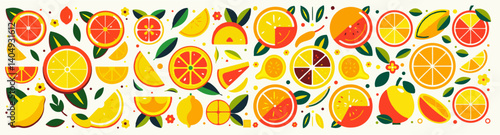 Citrus Burst: A vibrant and lively collage of fresh citrus fruits, bursting with color and flavor, showcasing a refreshing and delicious assortment of lemon, lime, and orange slices. 
