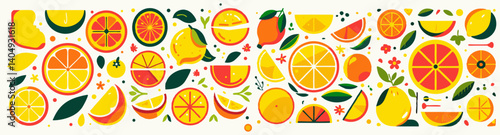 Citrus Fruit Pattern: A vibrant and cheerful collection of lemon, orange, and grapefruit slices, arranged in a visually appealing pattern perfect for summer-themed designs.