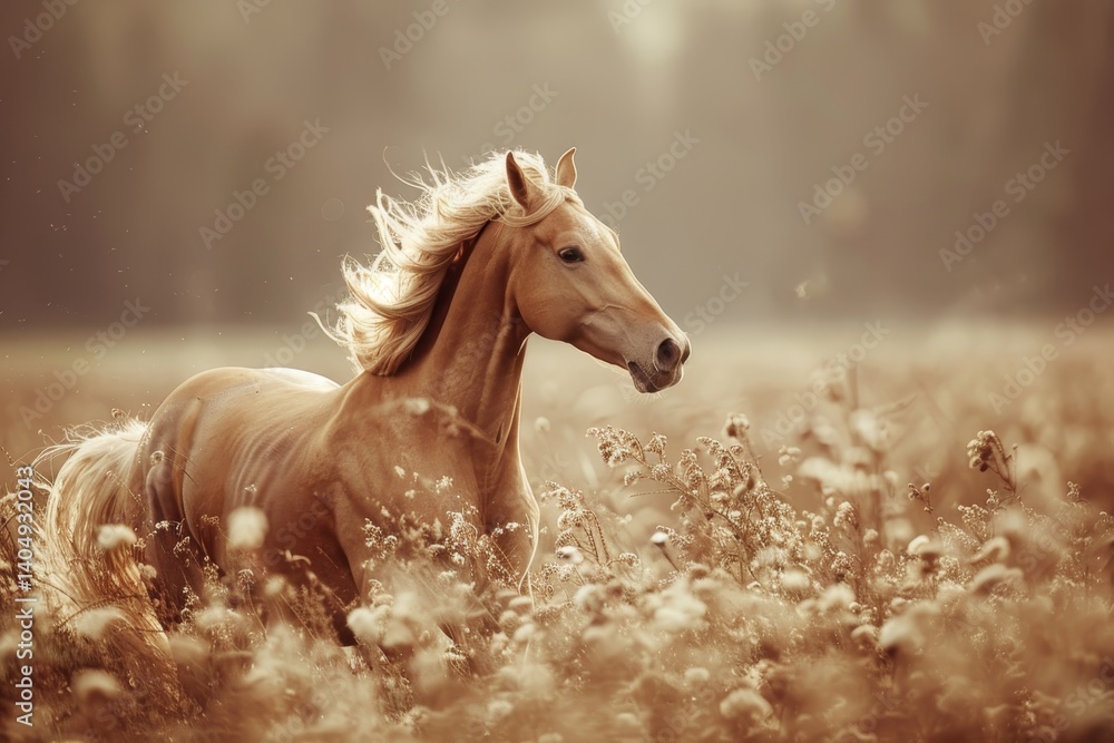 Obraz premium pony horse with beautiful mane on summer meadow, light bright photo