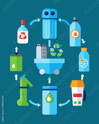 A series of images showcasing the process of recycling a plastic water bottle from being collected by a bin robot to being melted down into pellets for reuse.. Vector illustration