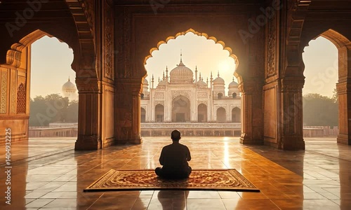 Serene Meditation at Sunrise in a Majestic Palace with Taj Mahal in the Background