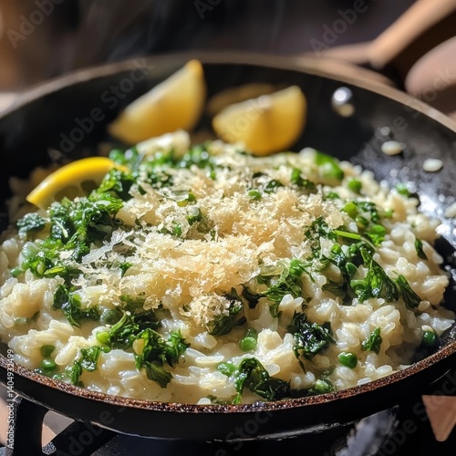 Pan-fried risotto, nettle & lemon.