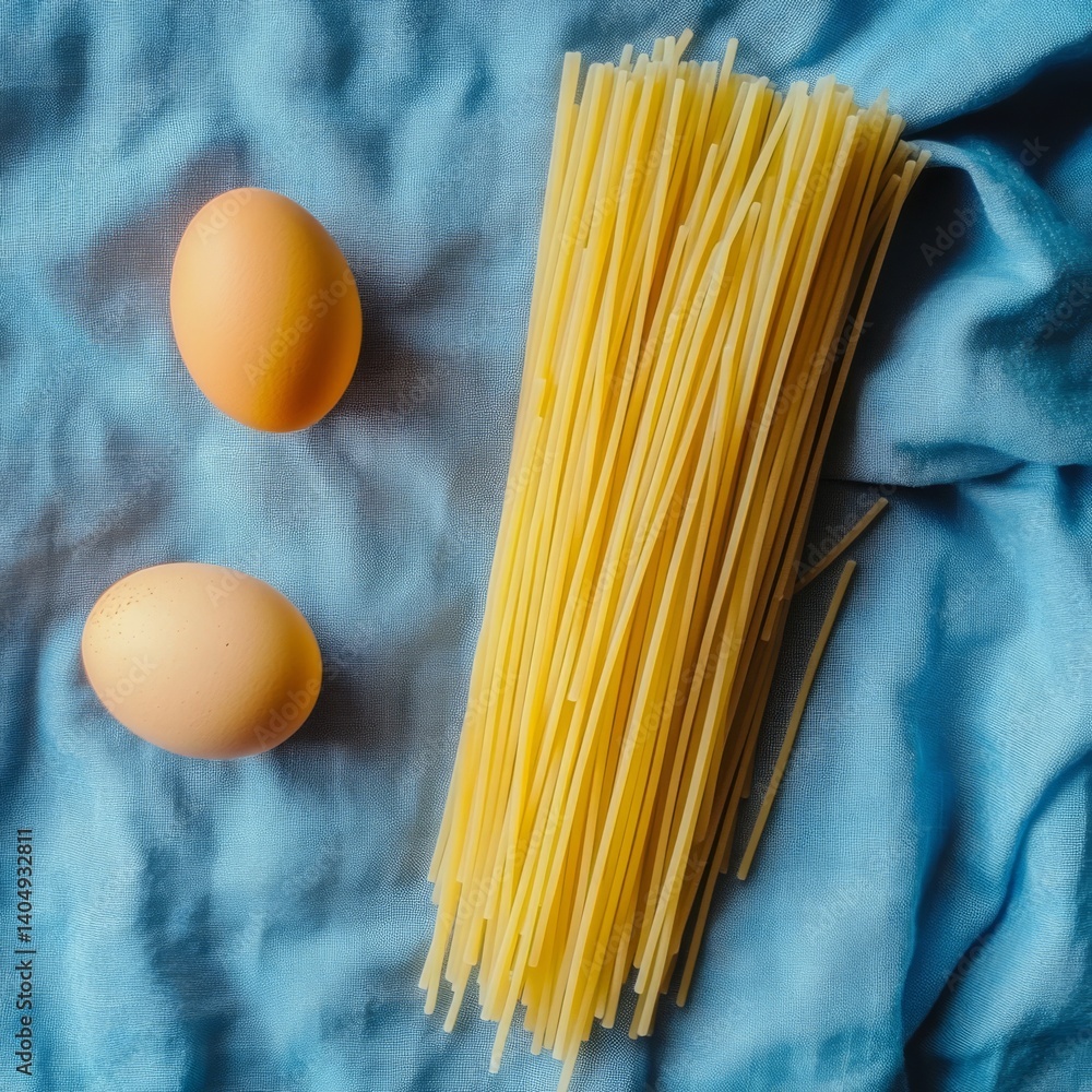 Fresh spaghetti, eggs, blue cloth.