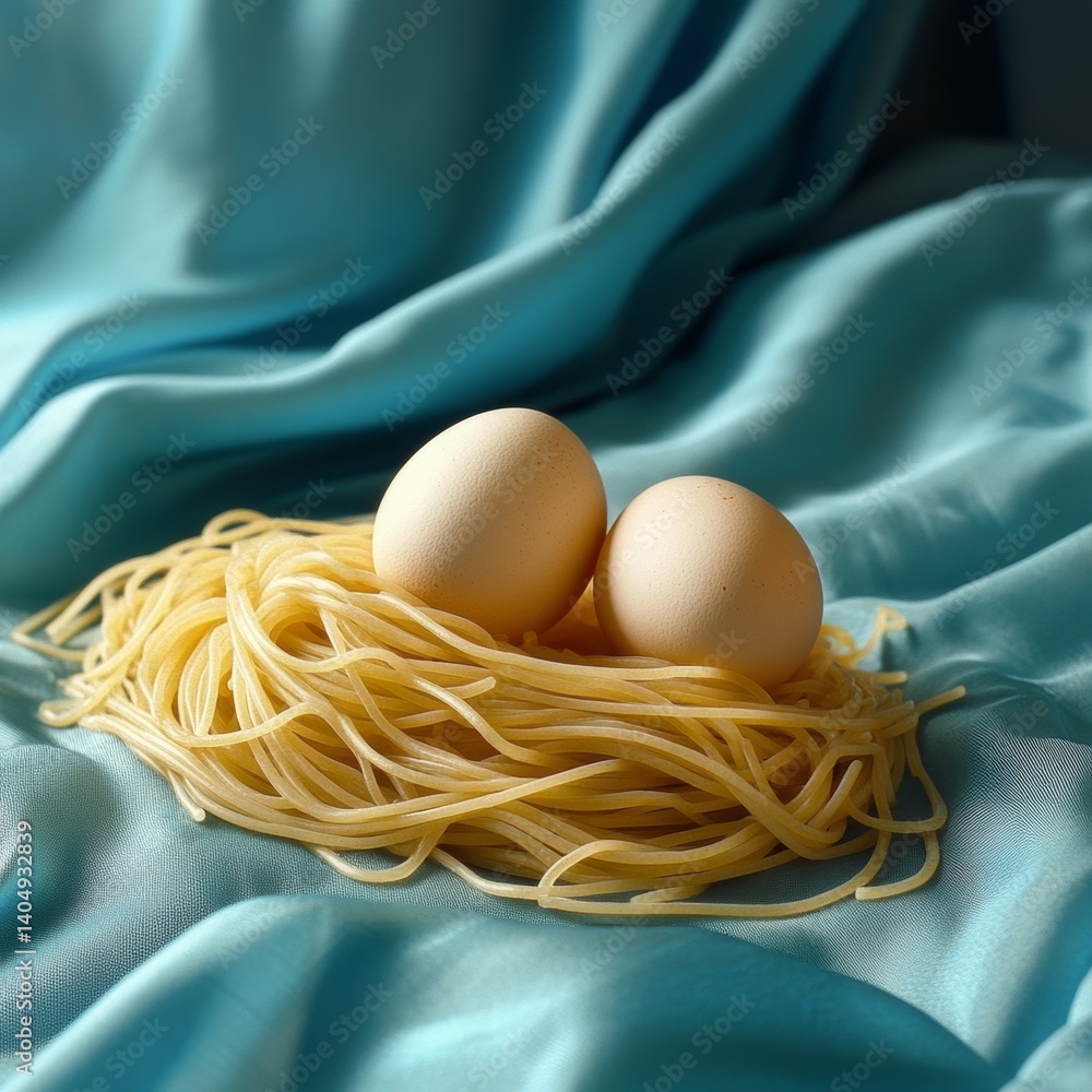Blue textile, eggs, raw pasta.