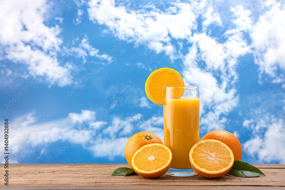 Naklejka premium Glass of fresh orange juice on wooden table