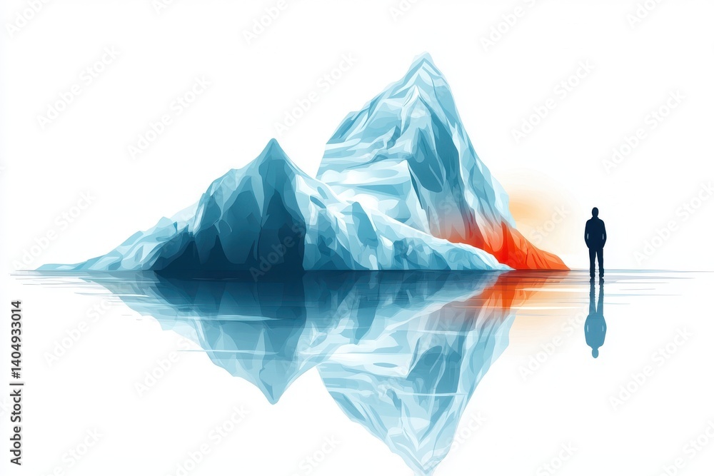 Man Silhouette Contemplating Glacial Landscape Reflection Man Silhouette Contemplating Glacial Landscape Reflection