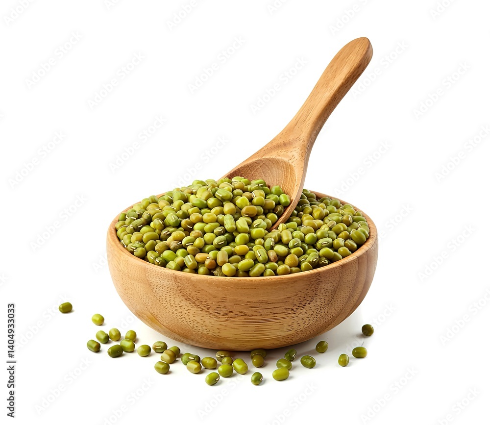 green mung beans with bowl and wooden spoon isolated on white background green mung beans with bowl and wooden spoon isolated on white background