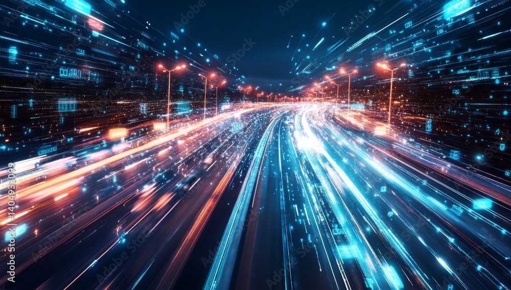 Futuristic city highway network, data flow Futuristic city highway network, data flow