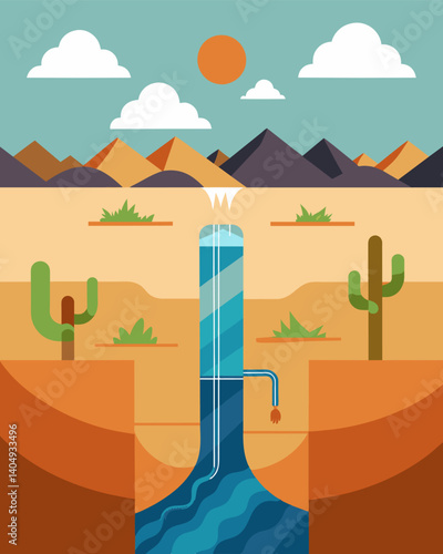 Irrigation systems in a desert region draining underground aquifers faster than they can recharge leading to water scarcity and land degradation.. Vector illustration