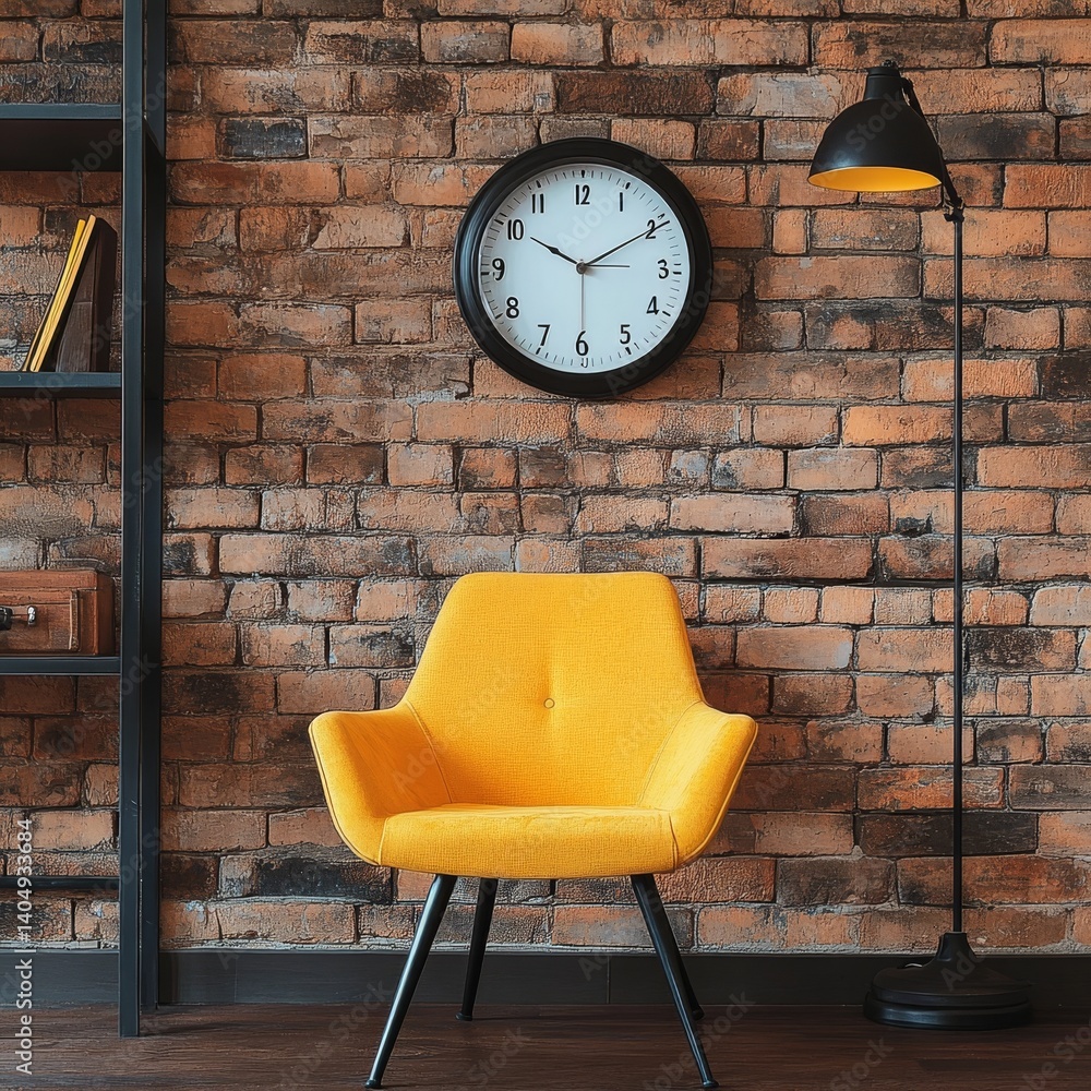 Brick wall backdrop: yellow chair, alarm clock.