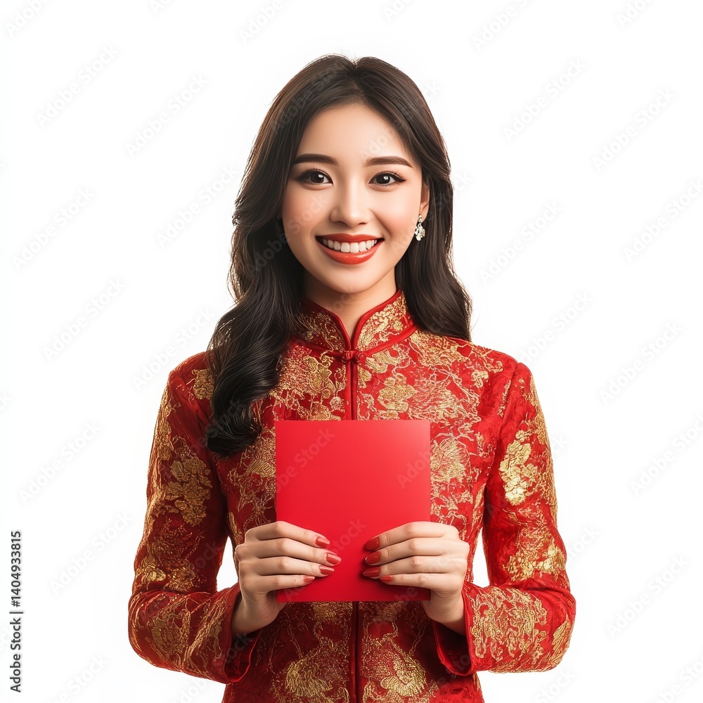 CNY! Asian woman gets red envelope, isolated. CNY! Asian woman gets red envelope, isolated.