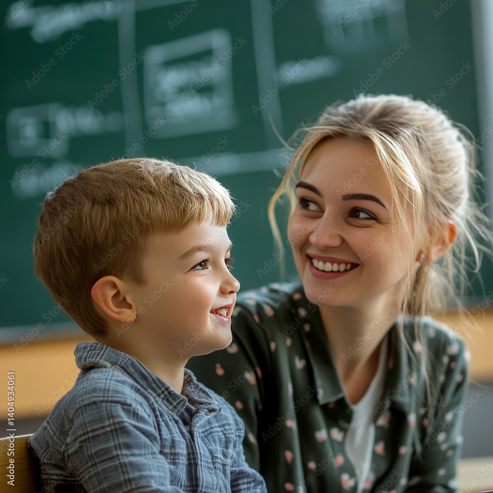 Boy and teacher smiling, learning at the blackboard.