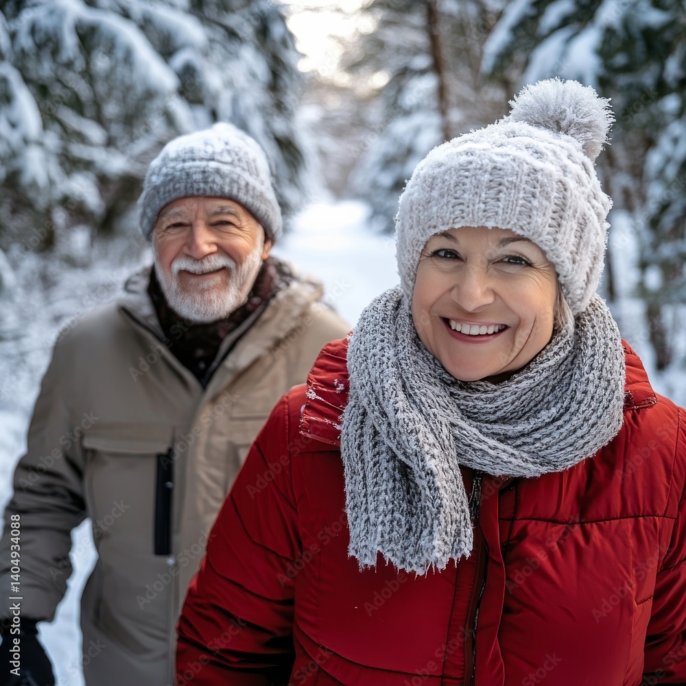 Winter trip: Seniors smiling in snow-covered forest.