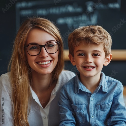 Young teacher and boy smile, studying on blackboard.