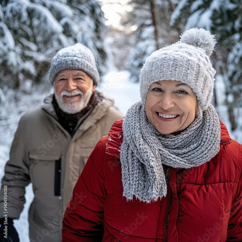 Obraz na płótnie Winter trip: Seniors smiling in snow-covered forest. w salonie