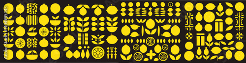 Geometric Citrus Symphony: An artistic arrangement of geometric lemon and leaf designs. This visually stimulating piece celebrates the vibrant zest of nature through abstract forms.