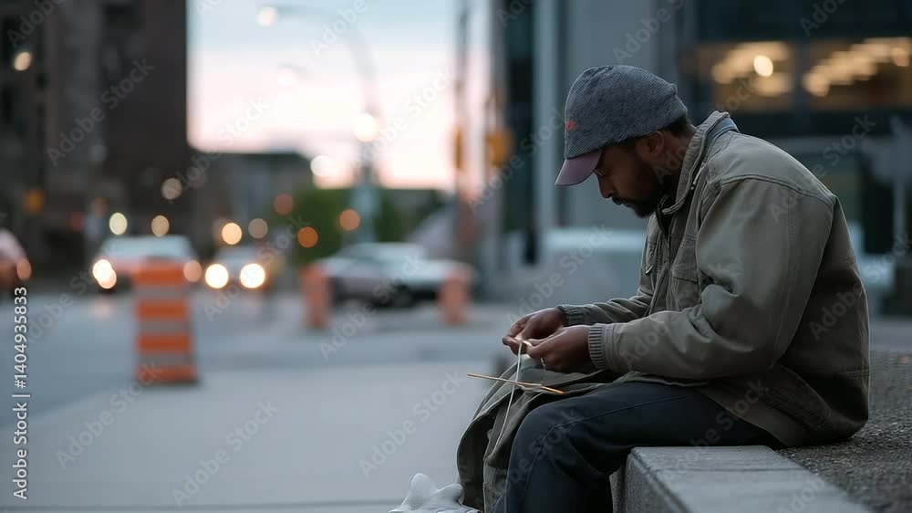 A worker repairing a worn jacket on a stoop in evening light A worker repairing a worn jacket on a stoop in evening light