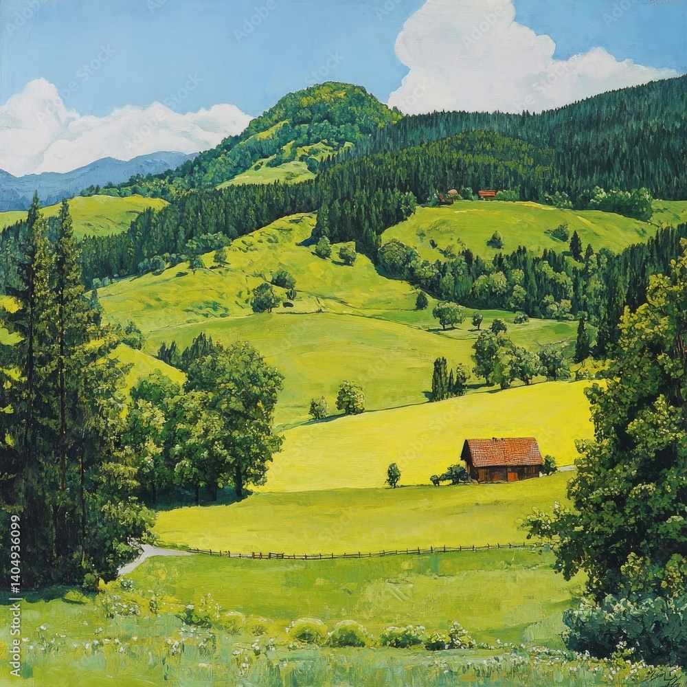 Austrian landscape, green hills, fields, forests.
