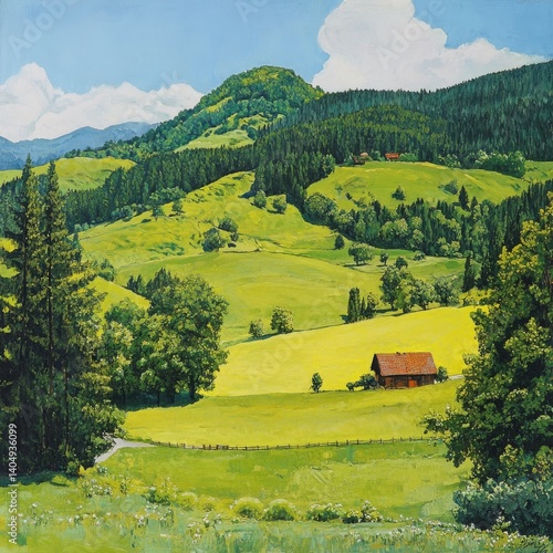 Obraz na płótnie Austrian landscape, green hills, fields, forests. w salonie
