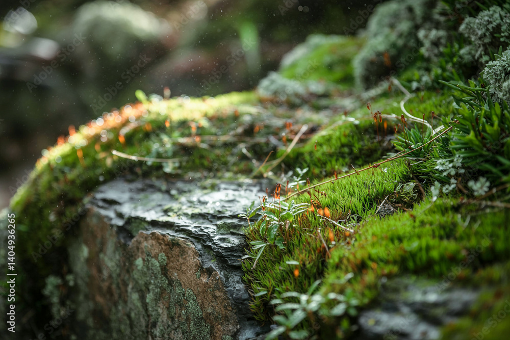 Fototapeta premium Lush Green Moss And Lichen Growing On Textured Stone In Forest Ecosystem