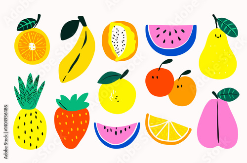 Juicy Assortment: A vibrant collection of hand-drawn tropical fruits, each bursting with color, zest, and the promise of exotic flavors, creating a joyful, mouthwatering illustration.