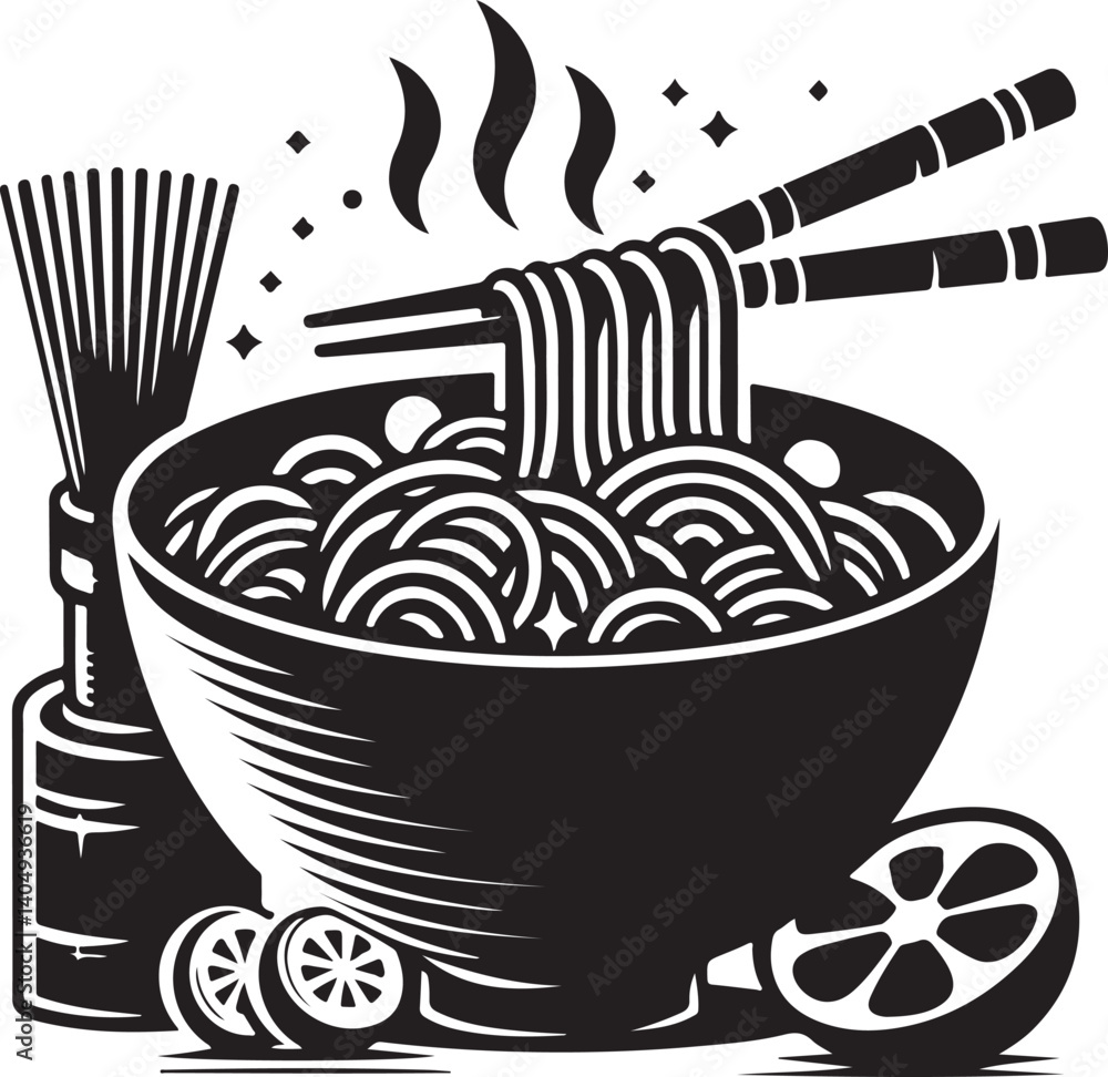 Silhouette vector of Asian noodle soup in a bowl with chopsticks. Perfect for restaurant menus, food packaging, and Asian cuisine-themed designs. Silhouette vector of Asian noodle soup in a bowl with chopsticks. Perfect for restaurant menus, food packaging, and Asian cuisine-themed designs.