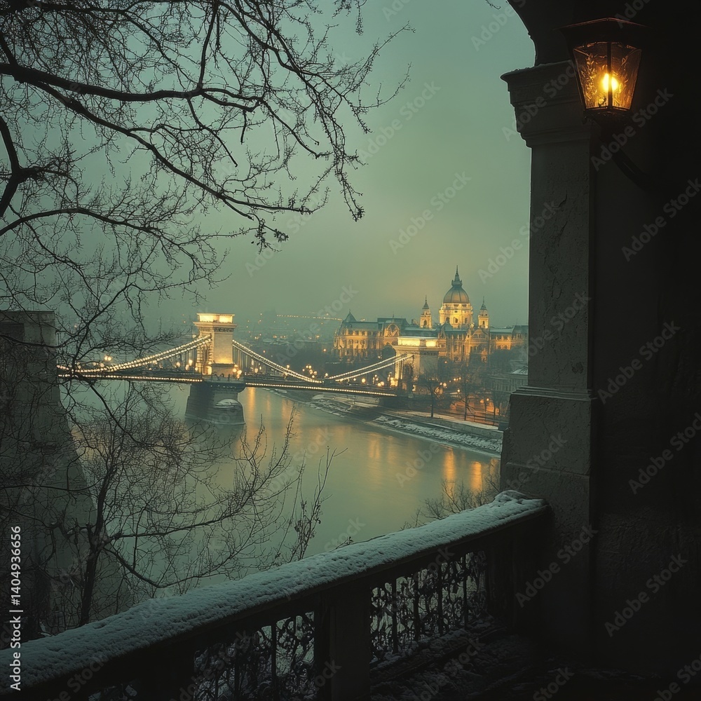 Budapest: Chain Bridge & Basilica from Buda Castle.